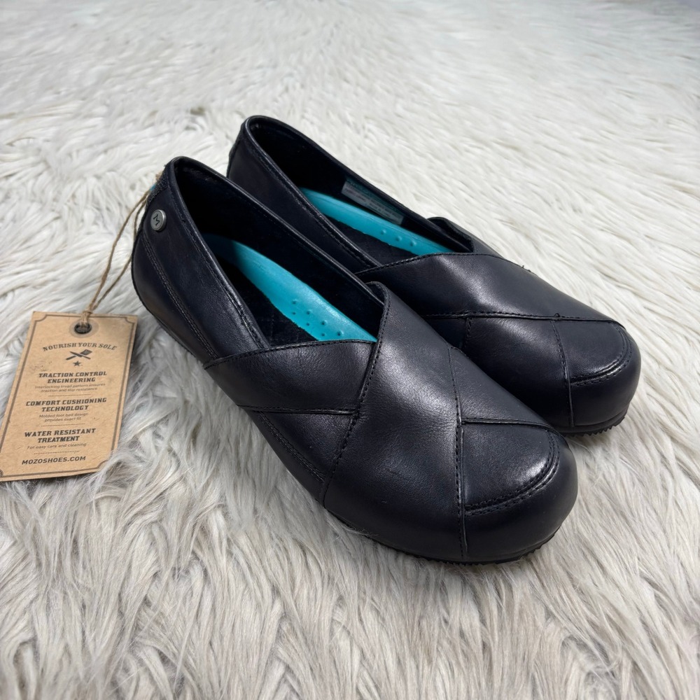 NWT Mozo Women's 7 Black Leather Oil Slip Resistant Loafer Flats Workwear